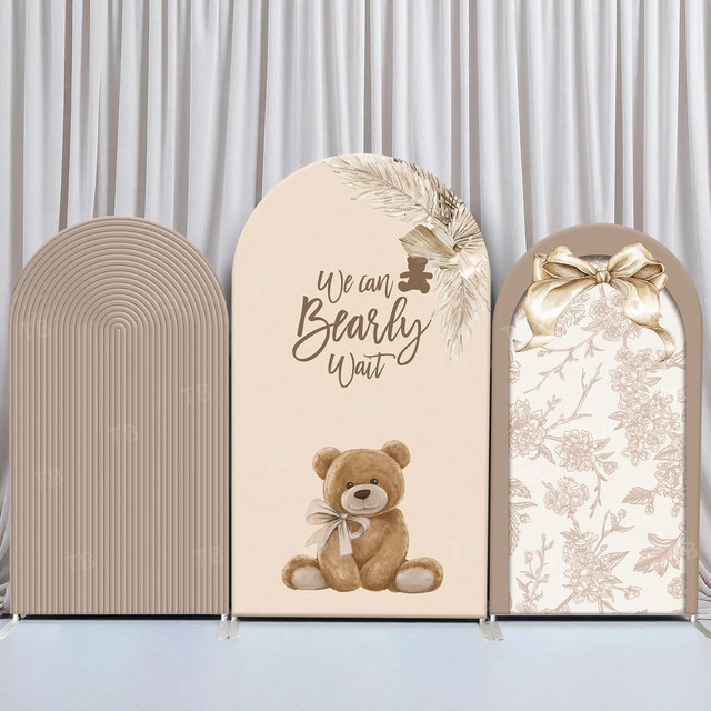 VIKAMA Baby-Duschbogen-Hintergrund mit Bären-Motiv und braunen Streifen in Beige für deine Partydekoration - Bild 1