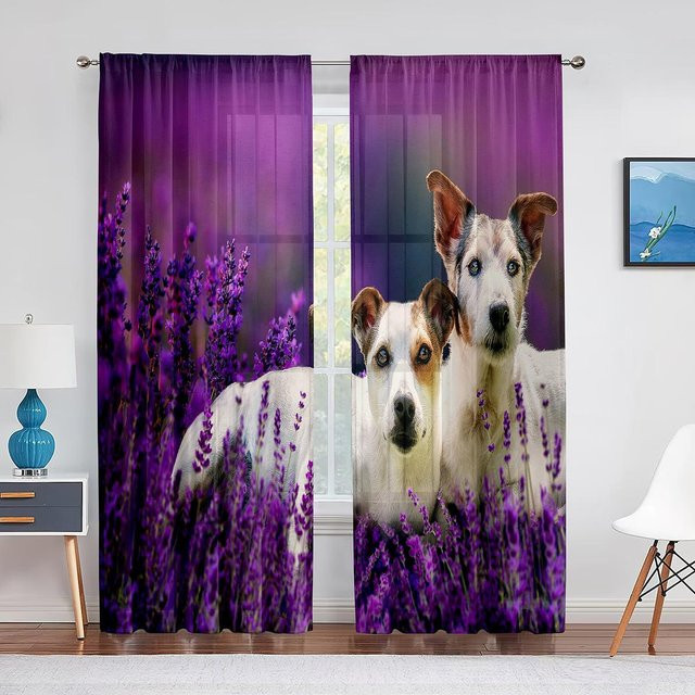 Super Six Transparentes Chiffon-Fensterdekoration mit Hunde-Motiv und Lavendel-Blumenmuster in Lila, Breite: 100 cm, Höhe: 250 cm - Bild 1