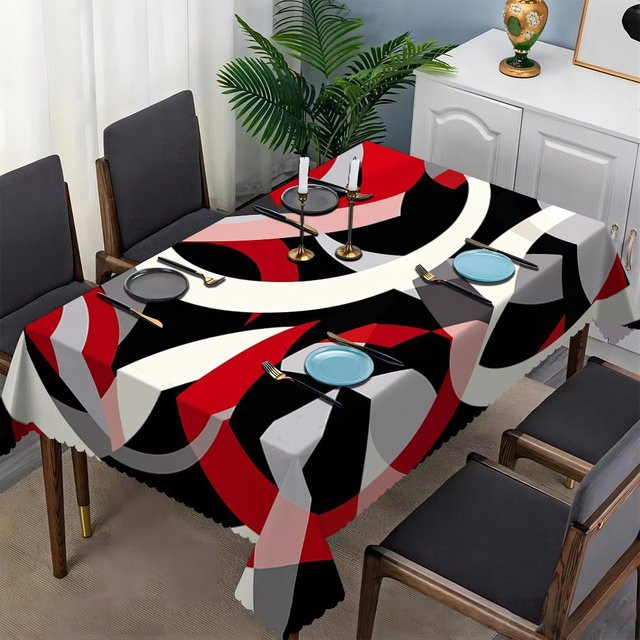 Fancy Style Studio Tischdecke mit geometrischen Linien in Rot, Schwarz und Weiß, rechteckig aus wasserabweisendem Polyester, B/T: 140 x 90 cm - Bild 1