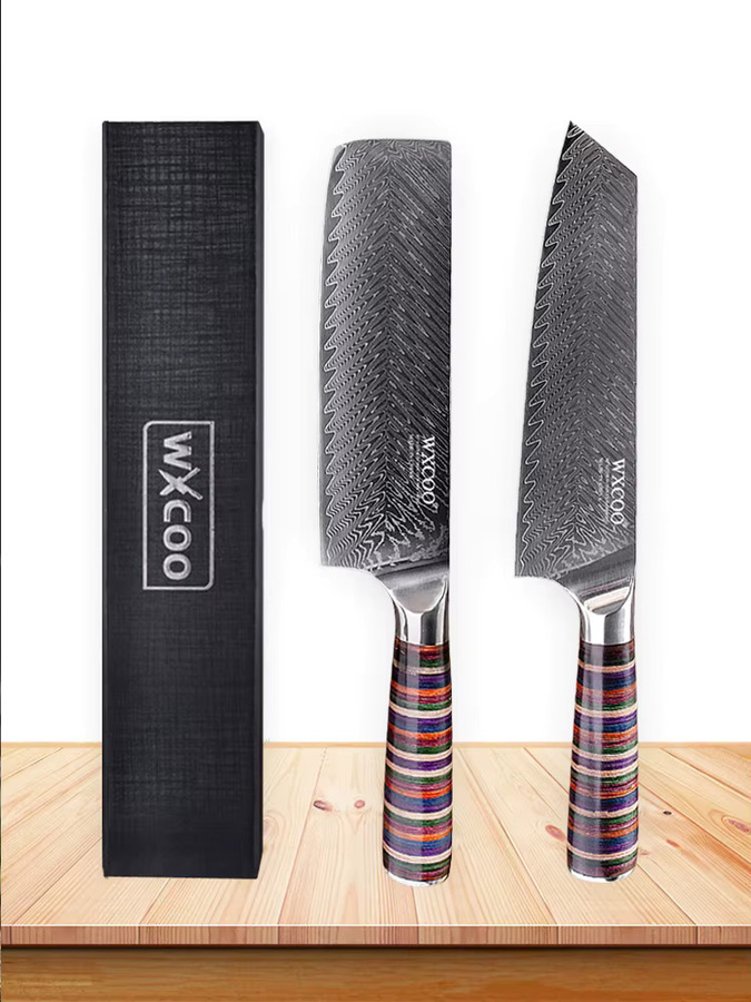 WXCOO Japanisches Kiritsuke Nakiri Messer aus Damaststahl, handgeschmiedetes Profi-Küchenmesser mit Holzgriff - Bild 3