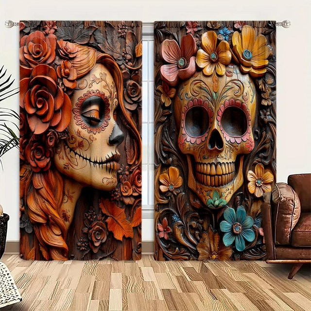 2er-Set Halloween Vorhang mit Skelett-Holzschnitzerei-Print in Grau, halbtransparent, B: 52,5 cm, H: 116 cm - Bild 1