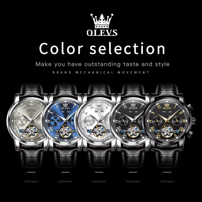 OLEVS Armbanduhr Automatik, Edelstahl, Blau, Leder, Herren - Bild 5