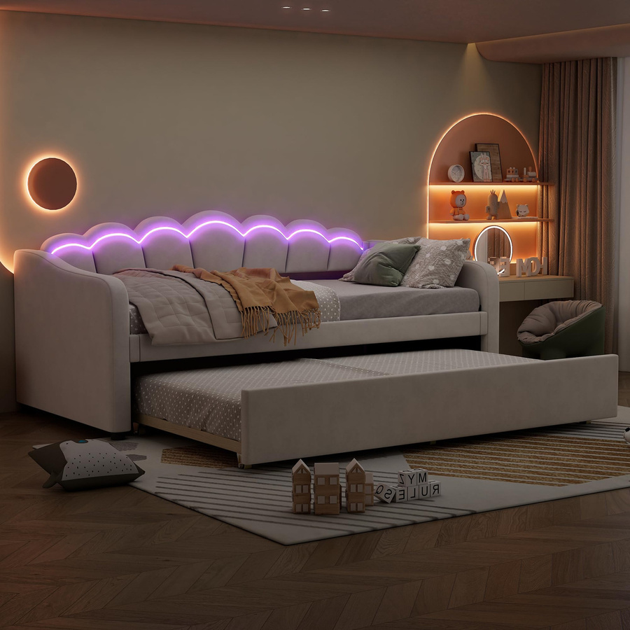 Flieks Schlafsofa Polsterbett aus Samt in Beige mit LED-Licht und Rollen, minimalistisches Gästebett für Kinder und Jugendliche, B/T/H: 213 x 99 x 87 cm - Bild 2