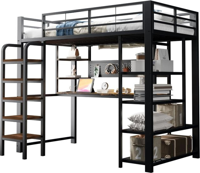 okwish Hochbett mit Schreibtisch aus Metall in Schwarz für Jugendliche, B/T/H: 200 x 90 x 172,5 cm - Bild 1