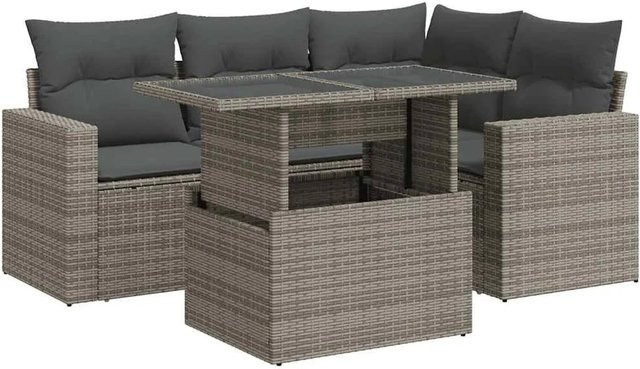 vidaXL 5-teilige Garten-Sofagarnitur in L-Form aus grauem Poly-Rattan mit wetterfesten Kissen und pulverbeschichtetem Stahlgestell - Bild 1