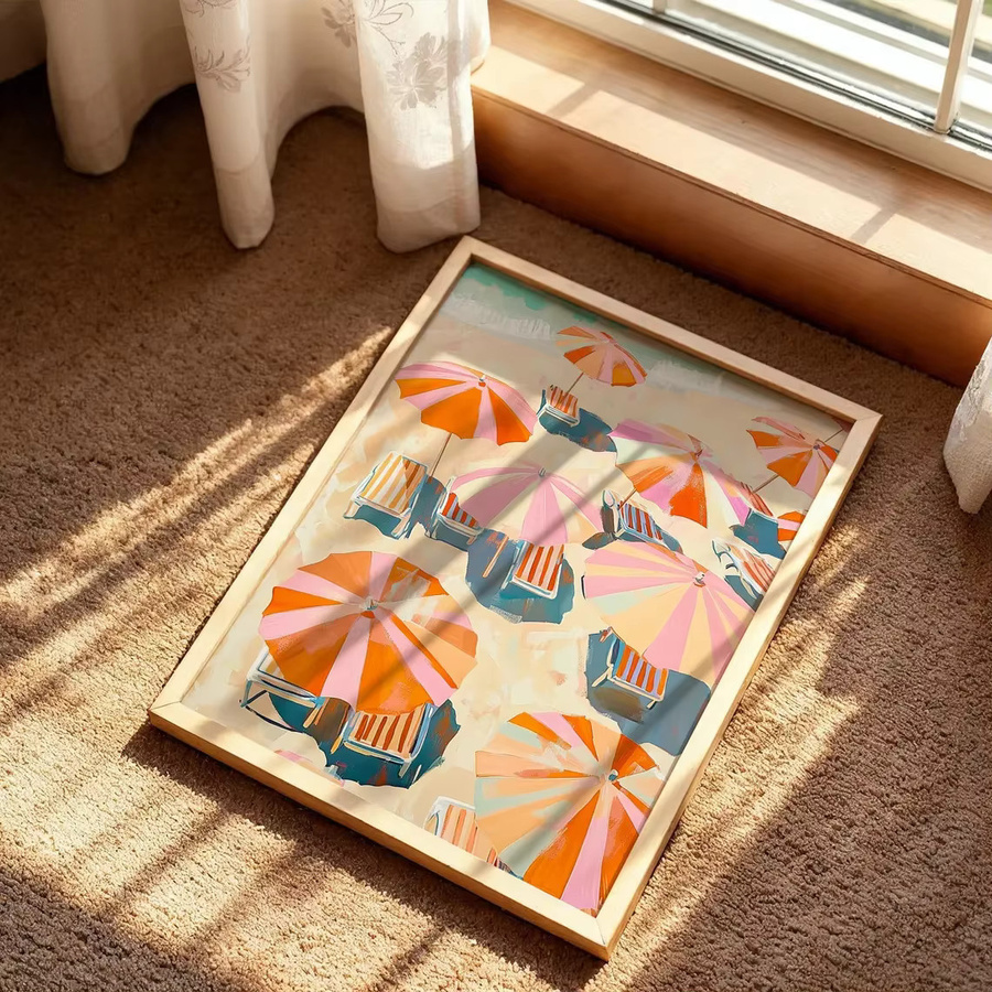 Modernes Impasto-Wandgemälde mit gestreiften Sonnenschirmen am Strand in Pink und Orange von SHENCHEN - Bild 4