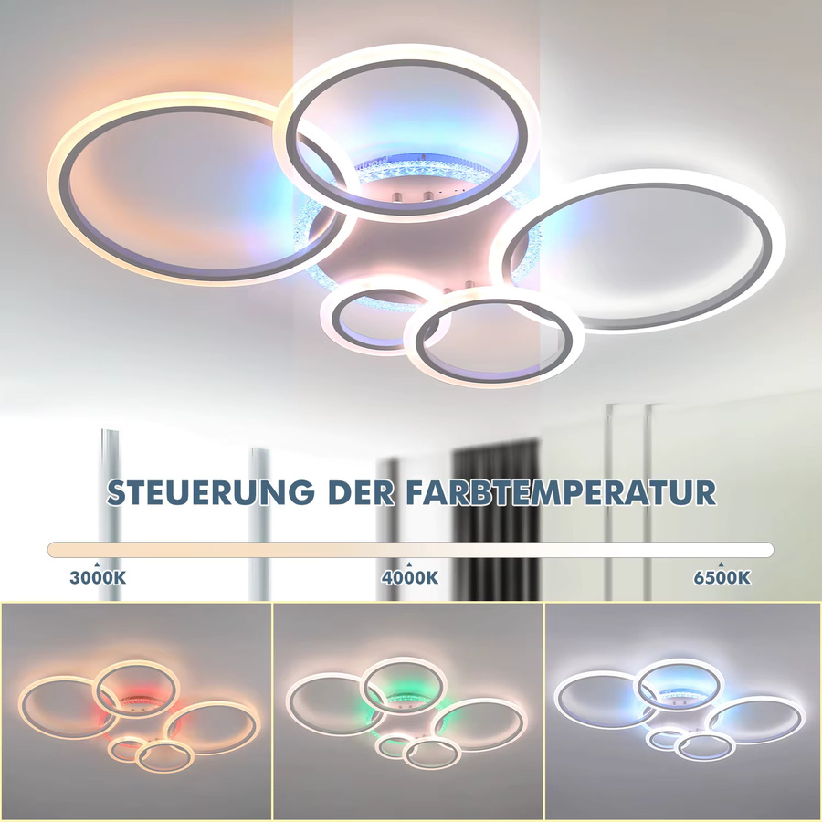 Oyajia 5-Ring Acryl LED-Deckenleuchte mit RGB-Hintergrundbeleuchtung, dimmbar mit Fernbedienung, Farbe: Weiß, 80W - Bild 3