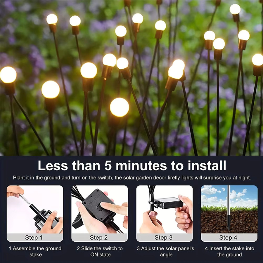 RXSFY Solarbetriebene LED Glühwürmchen Gartenleuchten, Wasserdicht, Warmweiß, Schwarz - Bild 3