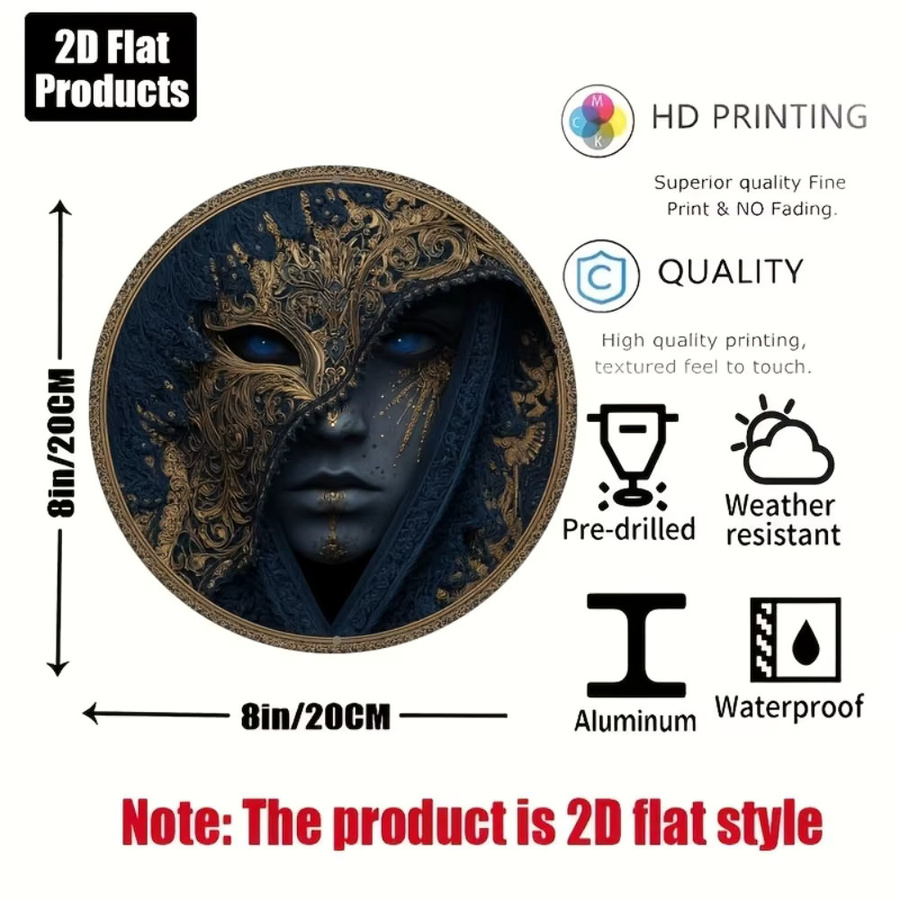 HELLOYOUNG Rundes Aluminium-Metallschild mit Masken-Motiv, Wandkunst für Bar, Café und Büro, Durchmesser: 20,32 cm, Mehrfarbig - Bild 2