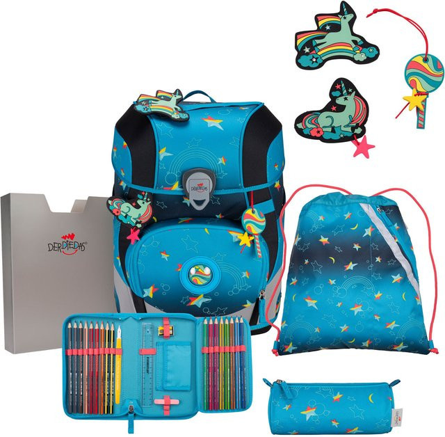 DerDieDas ErgoFlex Tiny Exklusiv LED Schulrucksack 5-teiliges Set Rainbow Star in Multicolor und Blau - Bild 1