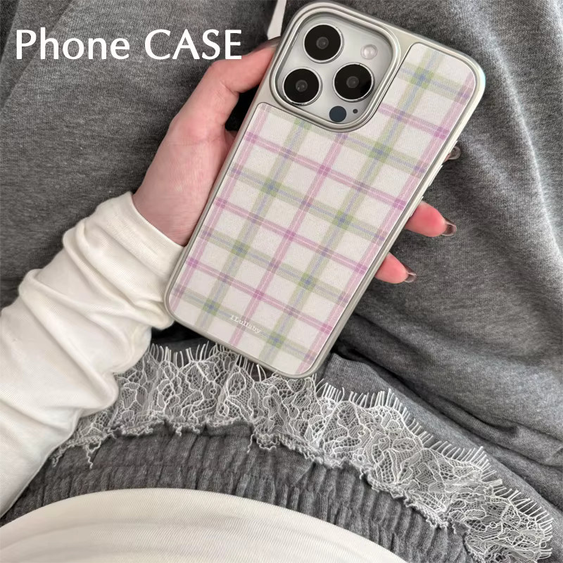 Minimalistische iPhone Handyhülle aus Epoxidharz mit Gittermuster und Silberkante in Rosa für iPhone XR bis iPhone 17 Pro Max - Bild 1