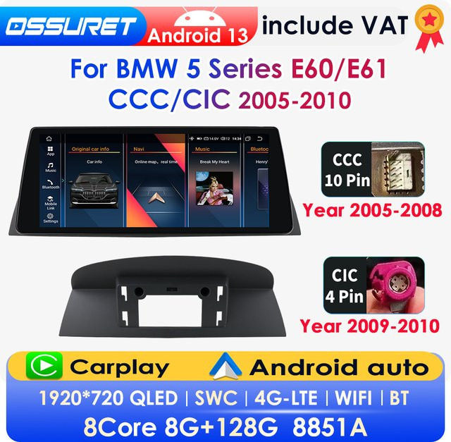 OSSURET 10,25 Zoll 2-DIN Android 13 Autoradio für BMW 5er-Reihe E60 E61 CCC CIC (2005-2010) mit GPS, Bluetooth, Wireless Carplay, Android Auto, 4G, DSP und 360-Grad-Kamera in Schwarz - Bild 1