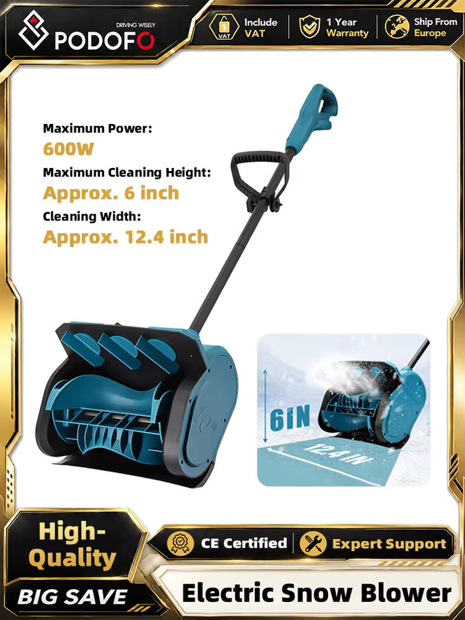 Podofo Elektrische Schneeschaufel 600 W, faltbare und tragbare Schneefräse mit verstellbarem Griff, wiederaufladbar, Blau - Bild 7