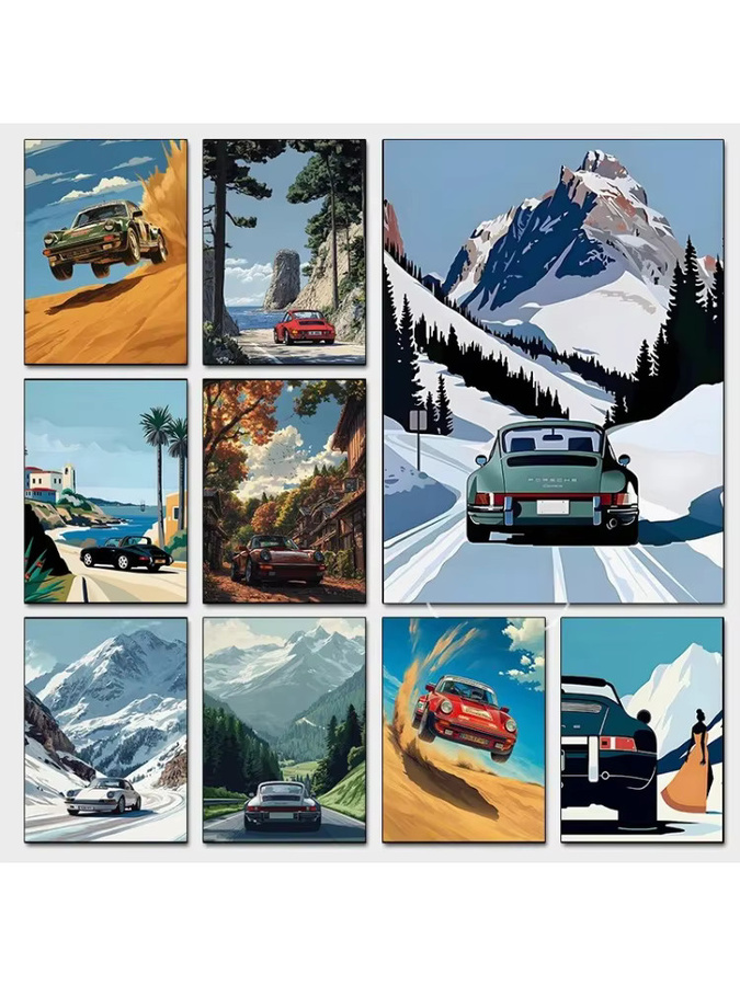 Potdemiel Alpine Drive Poster Vintage Alpine Tour Cartoon Leinwandgemälde Wandkunst Mehrfarbig - Bild 4