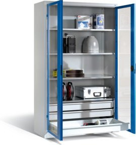 C+P Werkzeugschrank mit Sichtfenster-Drehtüren, 4 Böden und 3 Schubladen, Front Lichtblau, Korpus Lichtgrau, H: 195,0 cm, B: 120,0 cm, T: 50,0 cm - Bild 1