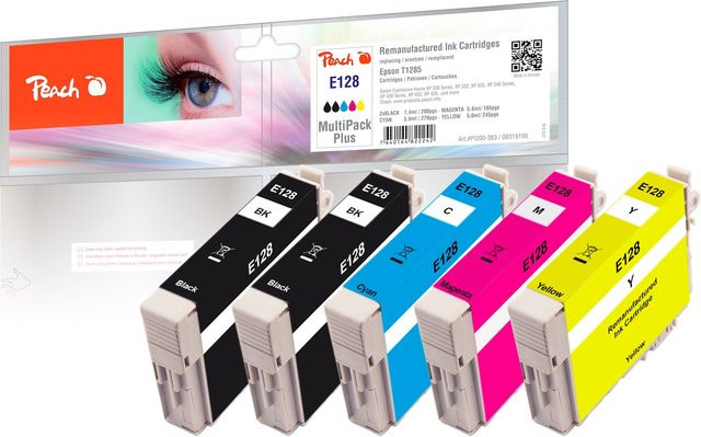Peach E128 Tintenpatronen-Set für Epson T1285 und C13T12854010, 5 Stück (2x Schwarz, Cyan, Magenta, Gelb), wiederaufbereitet - Bild 1