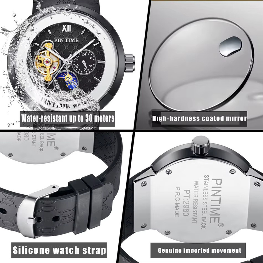 PINTIME Armbanduhr, Automatik, Schwarz, Edelstahl, Silikon, Herren - Bild 4