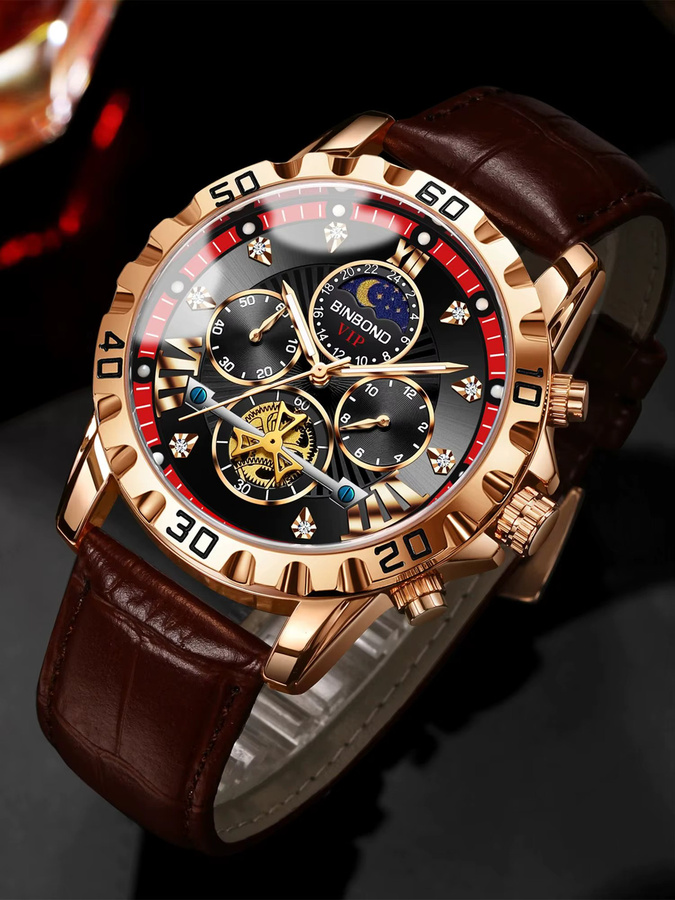 BINBOND Chronograph Armbanduhr, Quarz, Leder, Schwarz, Gold, Herren - Bild 7