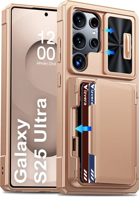 BANGZAO Handyhülle für Galaxy S25 Ultra mit Kartenhalter für 4 Karten, Kameraabdeckung und Ständer in Champagner - Bild 1