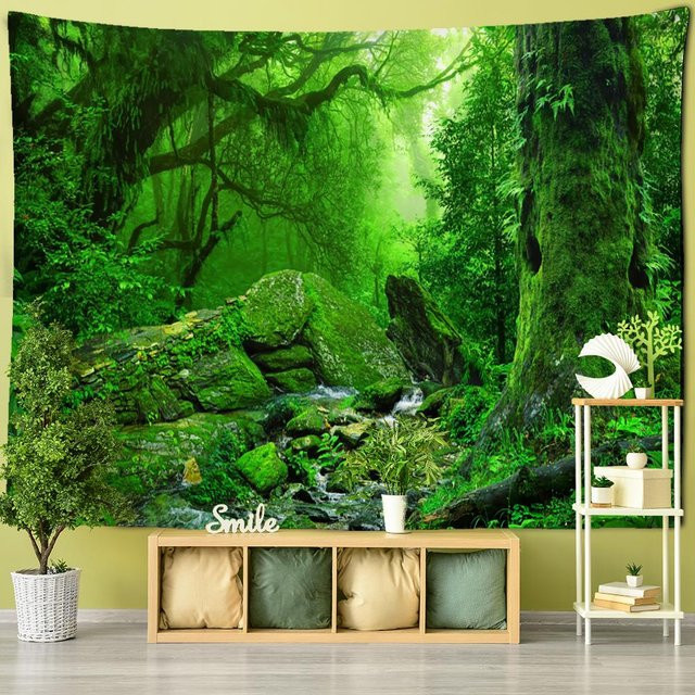 Wandteppich Super Six mit Waldlandschaft und Baum im Boho-Stil, Farbe: Grün, Breite: 150 cm, Höhe: 100 cm - Bild 1