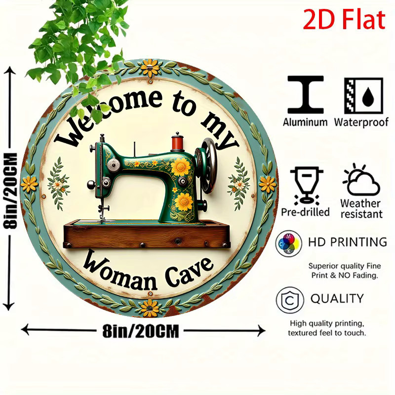 Potdemiel Rundes Retro-Vintage Aluminium-Blechschild Wandkunst Welcome to My Woman Cave mit Blumen- und Blattdesign, Farbe: Grün, Durchmesser: 20 cm - Bild 3