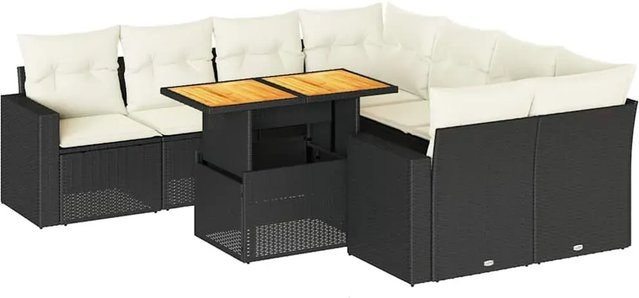 vidaXL 9-teilige Garten-Sofagarnitur aus Poly-Rattan und Akazienholz in Schwarz-Creme mit Kissen - Bild 1