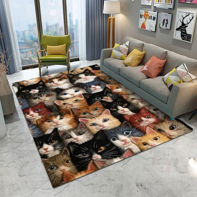 Rutschfester Katzen Teppich mit Kawaii Motiv für Wohnzimmer, Schlafzimmer und Küche, B/T: 80 x 50 cm, Mehrfarbig - Bild 1