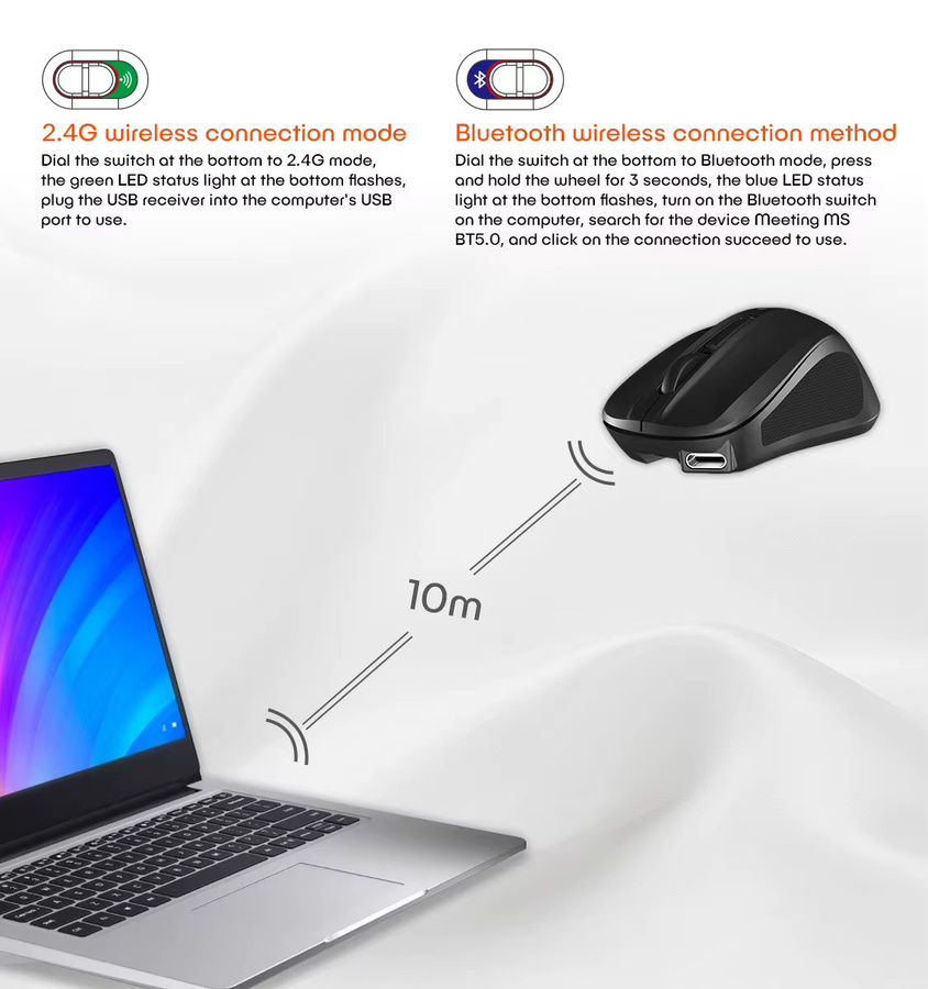 NexusClick Kabellose Bluetooth-Maus in Schwarz, ergonomisch, wiederaufladbar, 1200 DPI, Silent-Funktion für PC, Tablet und Laptop - Bild 4