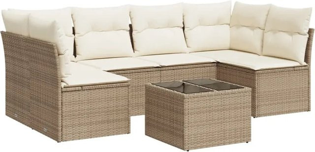 vidaXL 7-teilige Garten-Sofagarnitur in Beige mit PE-Rattan, Polsterkissen und Stauraum - Bild 1