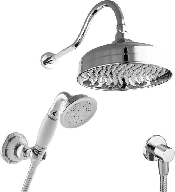 PaulGurkes Retro Duschsystem Nostalgie in Chrom mit Rund-Duschkopf und Handbrause, wandmontiert, silberfarben - Bild 1