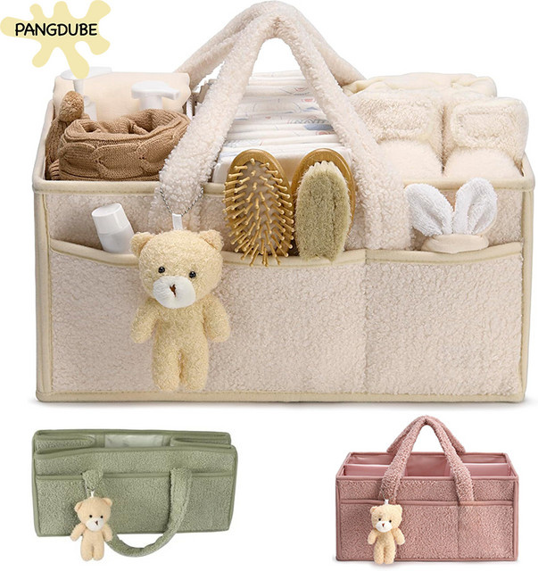 PANGDUBE Wickeltasche mit Teddybär als Caddy-Organizer für Windeln in Beige - Bild 1
