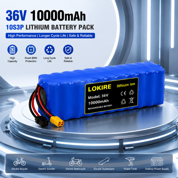 10S3P 36V 10000mAh Lithium-Ionen-Akku-Pack für Elektroroller und E-Bike mit Smart BMS-Schutz, Blau - Bild 1