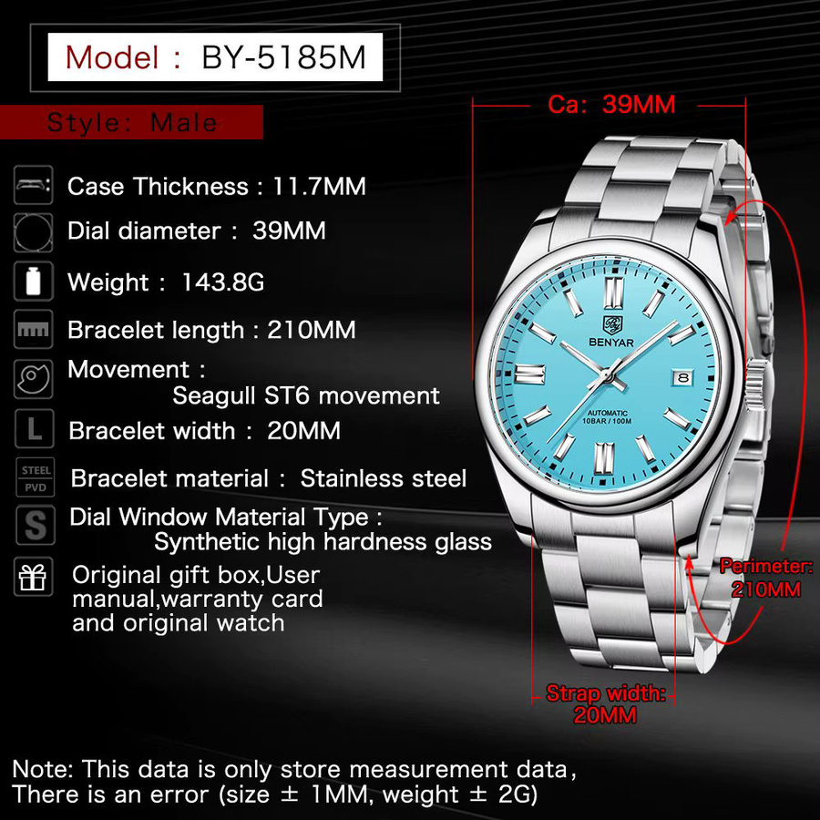 BENYAR Armbanduhr Automatik, Edelstahl, Blau, Herren - Bild 4