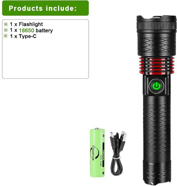 Pawell LED-Taschenlampe mit 9000 Lumen und 18650 Akku, superhelle wiederaufladbare Camping-Taschenlampe in Schwarz - Bild 1