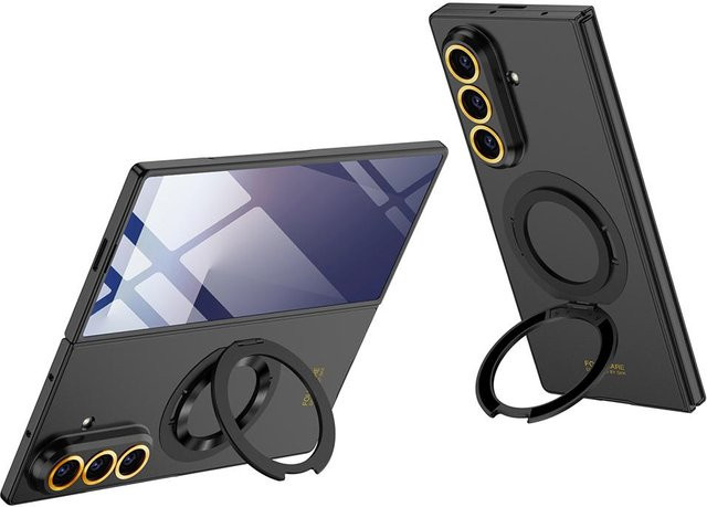 Samsung Galaxy Z Fold 7 und Z Fold 6 Schutzhülle mit magnetischem Ringhalter und Metallobjektiv-Schutz in Schwarz - Bild 1