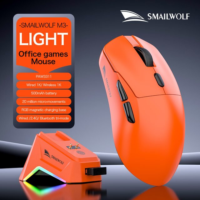 SMAILWOLF M3pro Gaming-Maus mit Bluetooth und PAW3311 Sensor in Orange - Bild 1