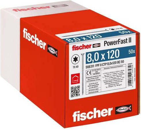 Fischer PowerFast II Holz- und Spanplattenschraube mit Senkkopf und Torx-Antrieb, Durchmesser: 8,0 mm, Länge: 120 mm, 50 Stück, galvanisch verzinkter Stahl - Bild 2