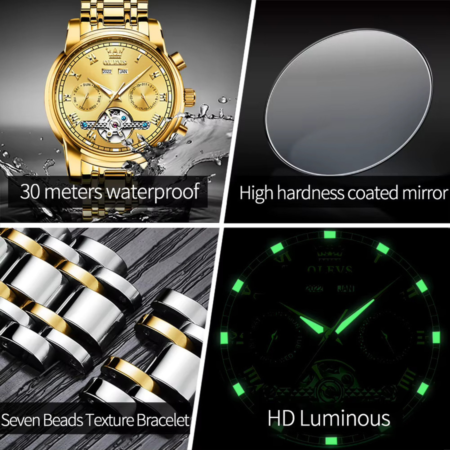 OLEVS Armbanduhr, Automatik, Edelstahl, Gold, Herren - Bild 4