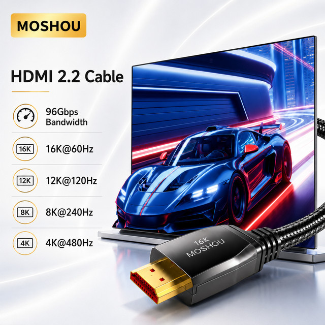 MOSHOU HDMI 2.2 Kabel in Schwarz für 16K, 4K@480Hz und 12K@120Hz mit 96Gbps Hochgeschwindigkeit, unterstützt HDR, eARC, DTS:X und HDCP 2.3 für PS5, TV und Gaming-Monitore - Bild 1