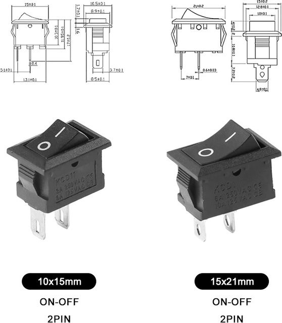 Schwarzer KCD1 Mini-Druckknopf-Ein-/Aus-Schalter mit 2 Pins, 6A-10A, 110V-250V, B/H: 10 x 15 mm - Bild 1