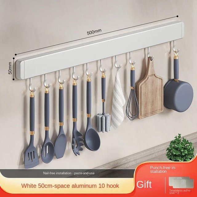 Bestbags Wandmontiertes Hakenregal für Küchenutensilien aus Aluminium in Grau, Breite: 50 cm, 10 Haken - Bild 1