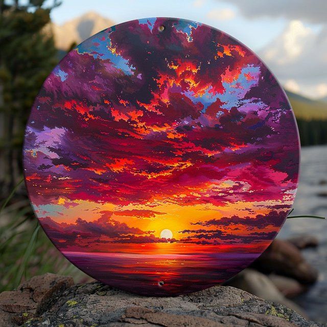 Potdemiel Solarbetriebene Metallwandkunst Sonnenuntergang mit Berg- und Wasserszene in Multicolor - Bild 1