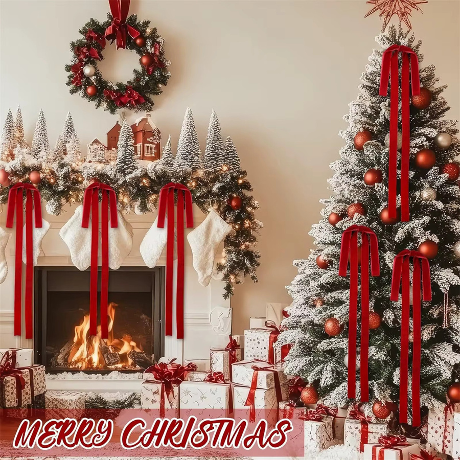 6er Set rote Samt-Schleifen für Weihnachtsdekoration, ideal für Christbaum, Kränze und Geschenkverpackungen - Bild 3