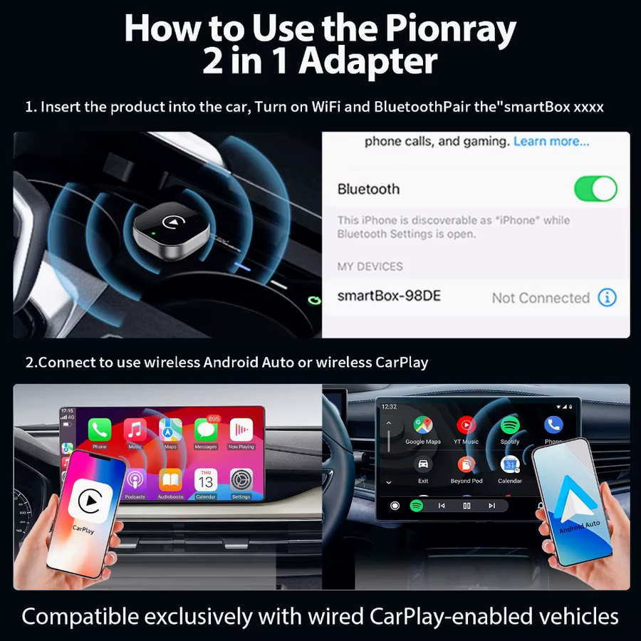 Pionray 2-in-1 Kabelloser CarPlay und Android Auto Adapter in Schwarz mit USB-C und 5GHz WLAN für Plug & Play - Bild 2