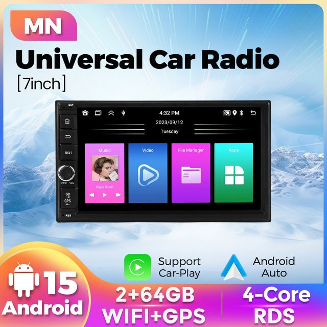 STRONGNAVI Universal 2 DIN Auto-Radio mit Android 15, 7 Zoll Multimedia-Player inklusive GPS, Bluetooth, Wi-Fi, Wireless CarPlay und Android Auto, Schwarz - Bild 1