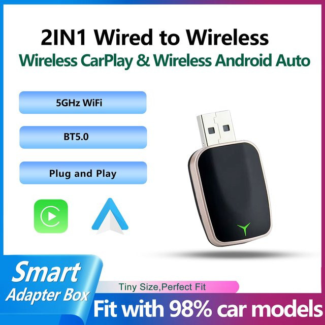2-in-1 Wireless CarPlay und Android Auto Adapter Dongle mit USB-A und USB-C Unterstützung für iOS 10+ und Android 11+ Fahrzeuge in Schwarz und Gold - Bild 1