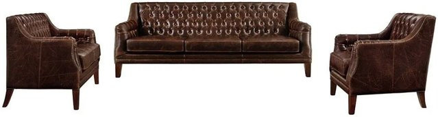 Vente-unique Couchgarnitur Colbert aus Leder in Schokoladenbraun bestehend aus 3-Sitzer-Sofa, 2-Sitzer-Sofa und Sessel im Chesterfield-Design B/T/H: 194,5 x 84 x 138 cm - Bild 1