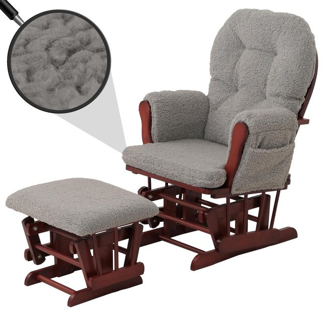 MCW Relaxsessel C76 Schaukelstuhl mit Hocker aus grauem Bouclé Stoff und Holzgestell - Bild 1
