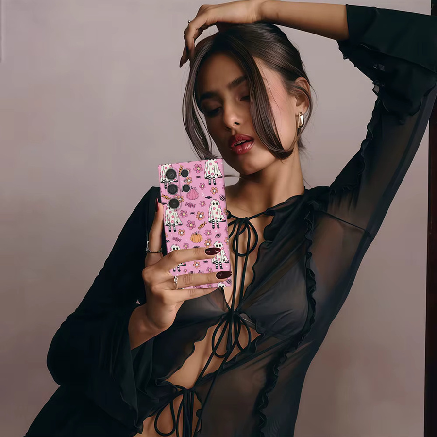 Halloween Floral Ghostly Handyhülle für Samsung Galaxy S25 S24 S23 Ultra Plus A35 A55 in Pink mit Glossy HD Hard Cover Design - Bild 3