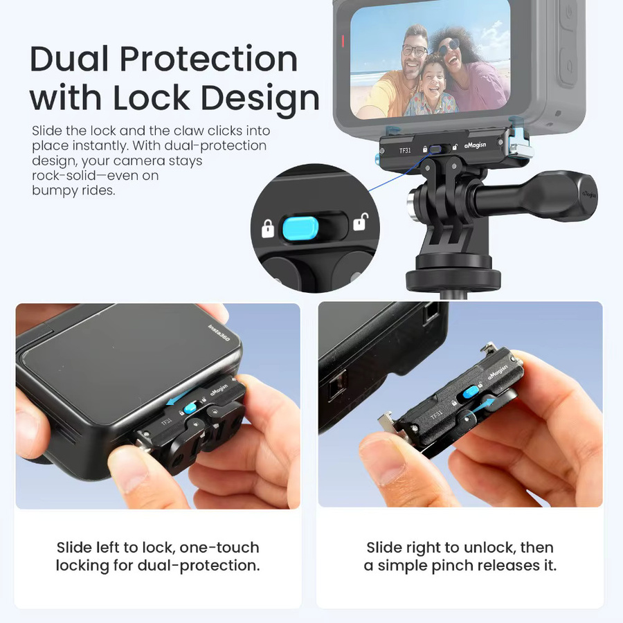 aMagisn Metall-Schnellverschluss-Halterung 2.0 für Insta360 GO Ultra in Schwarz mit Sicherheitsverriegelung und Anti-Shake-Stabilisierung - Bild 3